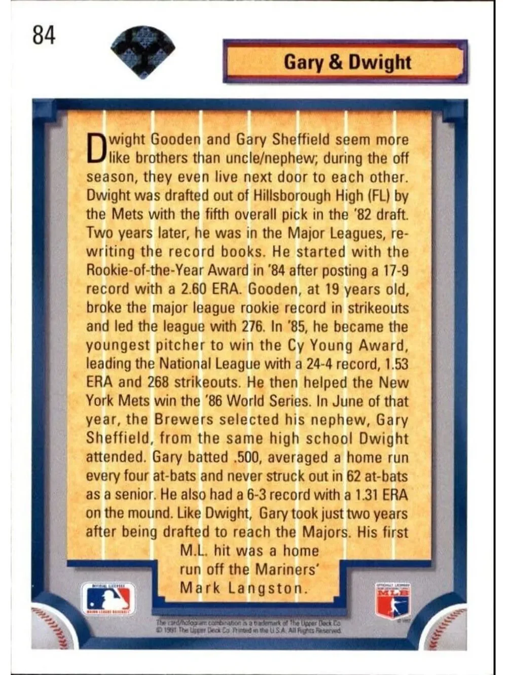 Dwight Gooden / Gary Sheffield 1992 Upper Deck MLB #84 Card New York Mets